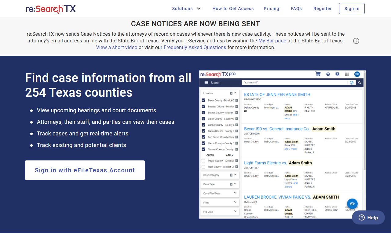 re:SearchTX statewide court record search landing page for Texas case information